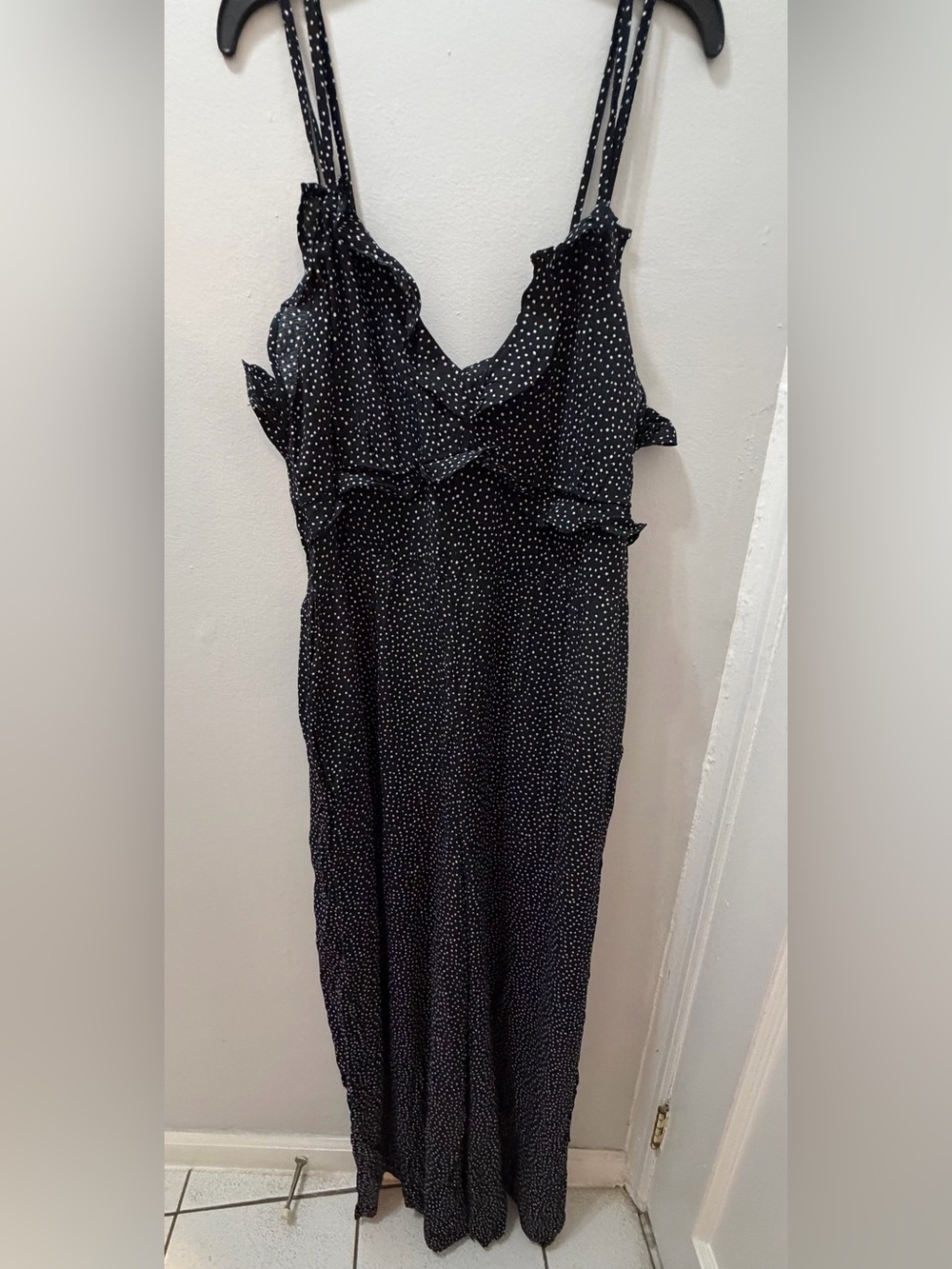 NWT American Eagle Black and White Polka Dot Ruffle Wide-Leg Jumpsuit